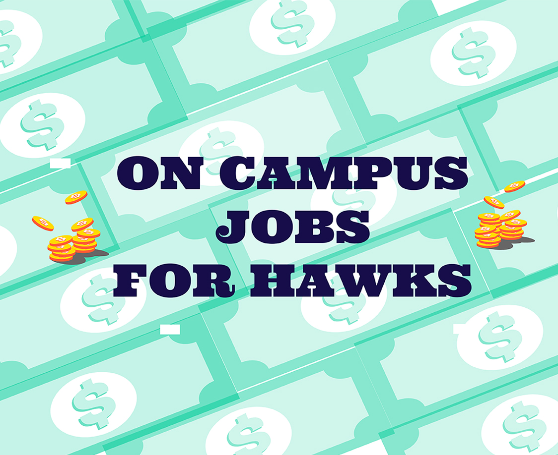 GRAPHIC: Graphic shows words, "ON CAMPUS JOBS FO HAWKS" with diagonal dollars in the background. There are also graphics of coins on the right and left of the words. Graphic by The Signal Managing Editor of Content and Operations Troylon Griffin II. Made in Piktochart.