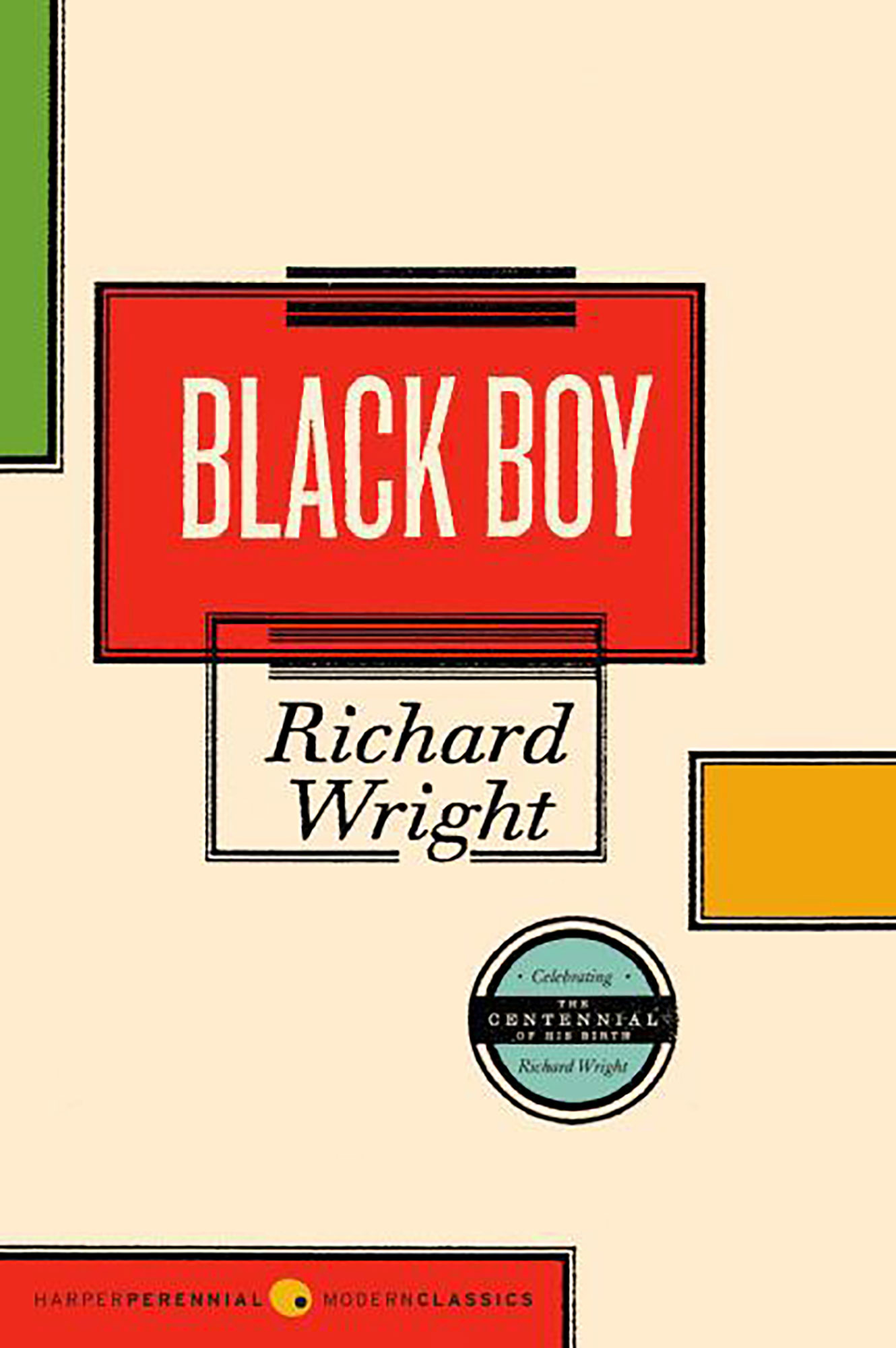 COVER: Tan background with scattered green, yellow and red rectangles. There is a red rectangle in the middle with the text "Black Boy" and a clear rectangle with the author's name in the middle. Book cover courtesy of Harper Collins Publishers. SOURCE: https://www.harpercollins.com/products/black-boy-richard-wright?variant=32207521382434