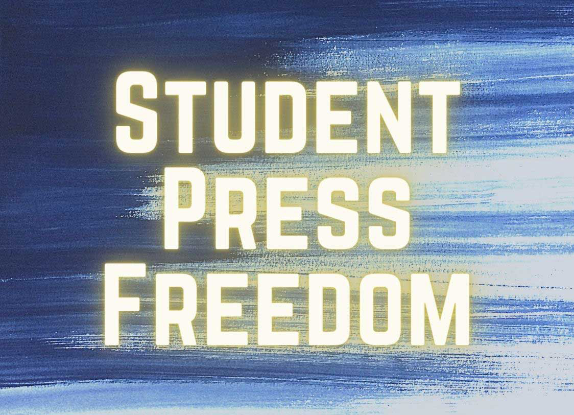 GRAPHIC: "Student press freedom" in glowing yellow letters on a blue and white paint stripe background. Graphic by The Signal Editor-in-Chief Emily Nichelle Wolfe