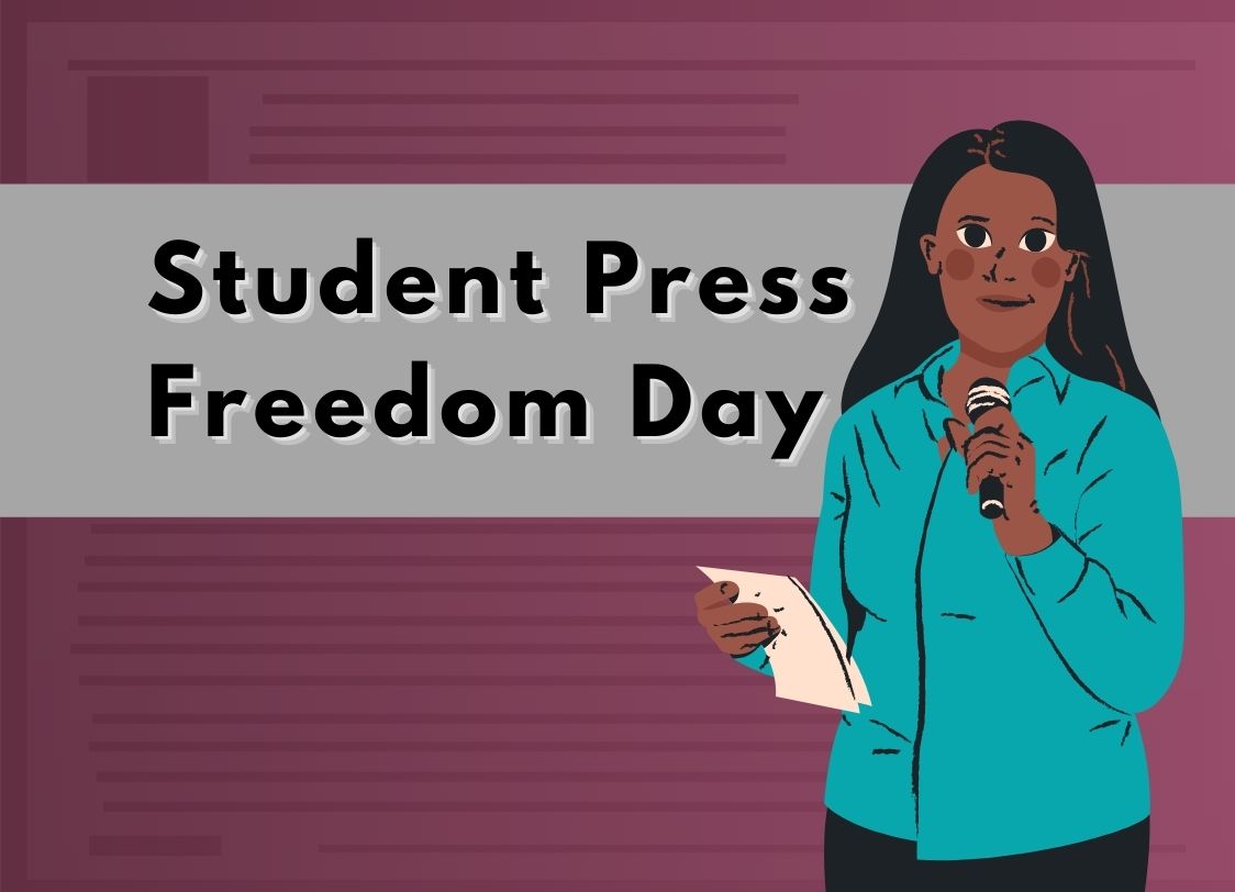 GRAPHIC: Black journalist speaking next to the text "Student Press Freedom Day." Graphic by The Signal Online Editor Alyssa Shotwell.