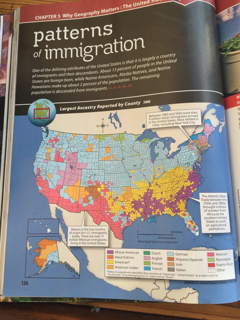 PHOTO: Textbook showing immigrant settlements across the U.S. One pop up textbook reads "The Atlantic Slave Trade between the 1500s and 1800s brought millions of workers from Africa to the southern United States to work on agricultural plantations." Photo courtesy of Roni Dean-Burren and NPR. SOURCE: https://www.npr.org/sections/ed/2015/10/23/450826208/why-calling-slaves-workers-is-more-than-an-editing-error