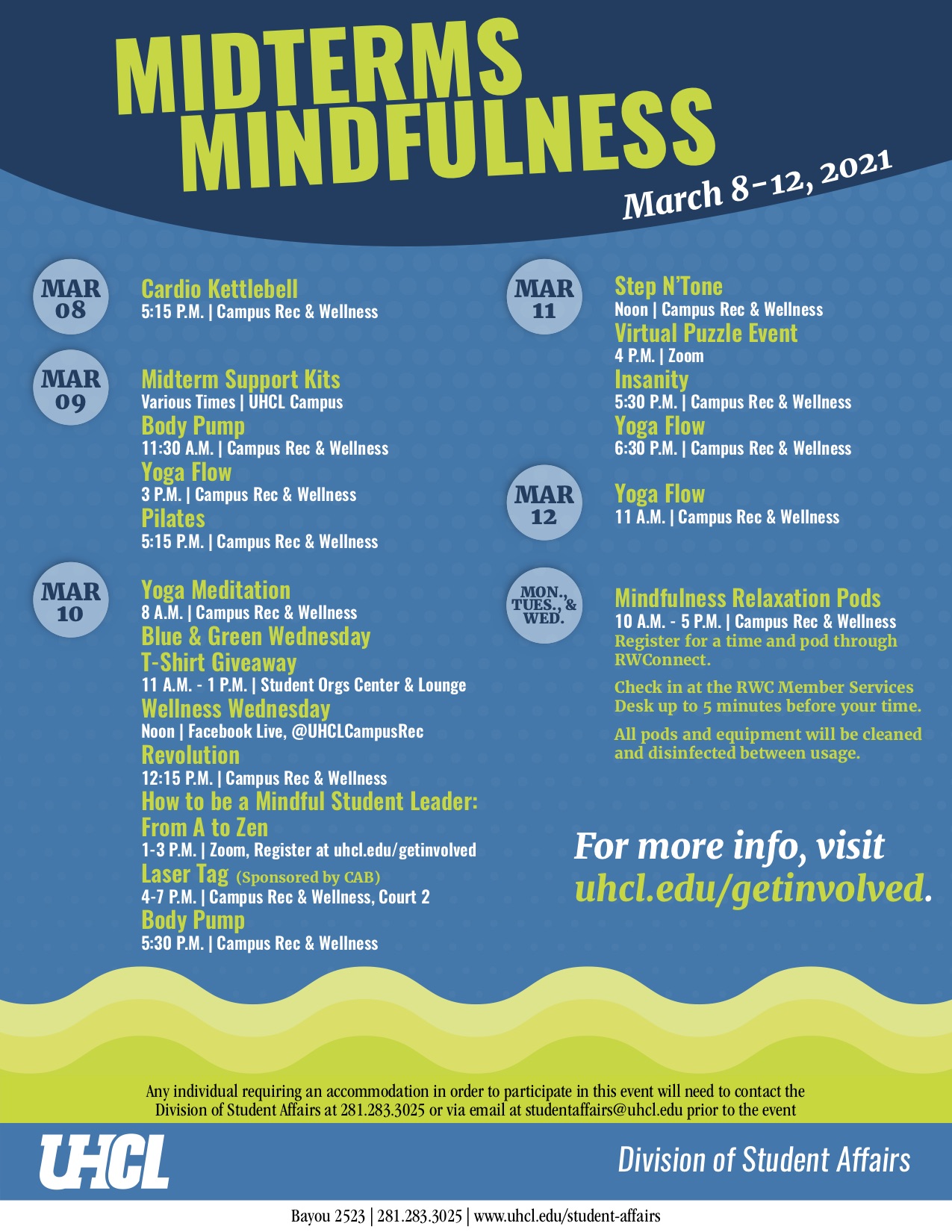 PHOTO: Flyer detailing various events occurring during the "Midterms Mindfulness" week of March 8-12