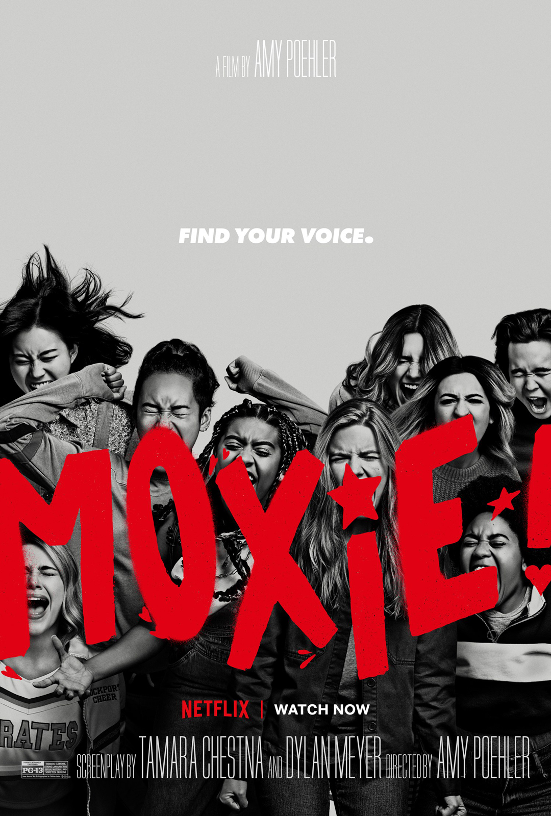 POSTER: Cast of "Moxie" (2021) below the text "Find Your Voice." Poster courtesy of Netflix.