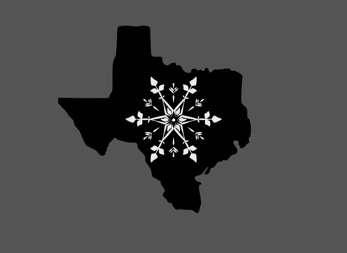 GRAPHIC: Visual shows a black silhouette of Texas against a dark grey backdrop. Inside the silhouette of Texas is a white snowflake. Graphic by The Signal Managing Editor of Content and Operations Troylon Griffin II.