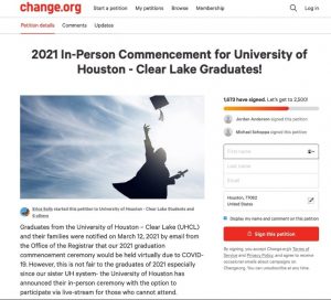PHOTO: Screenshot of online petition with the words "2021 In-Person Commencement for University of Houston-Clear Lake Graduates!"