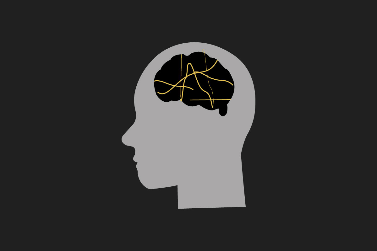 GRAPHIC: Outline of gray head on a dark background. Inside the head is a black brain with yellow lines. Graphic by The Signal Managing Editor of Outreach Stephanie Perez.
