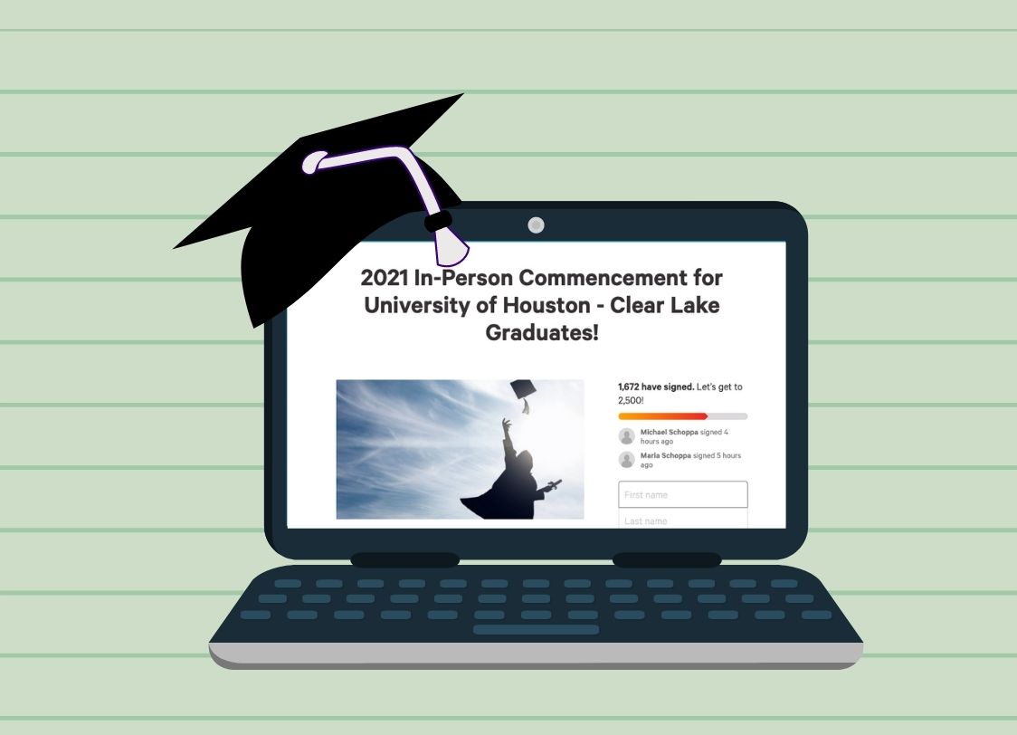 GRAPHIC: Light green background with stripes and a laptop opened on a webpage with the words "2021 In-Person Commencement for University of Houston-Clear Lake Graduates!" A graduation cap hangs off the left side of the laptop. Graphic by Managing Editor of Outreach Stephanie Perez.