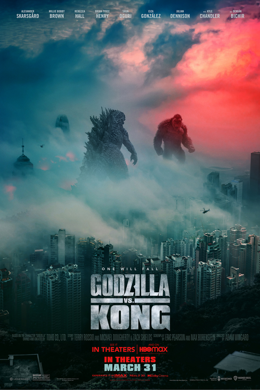 POSTER: Text reads "One will fall. Godzilla vs. Kong." Poster courtesy of Legendary Pictures and Warner Bros. Pictures. SOURCE: https://www.scifijapan.com/articles/2021/03/04/new-godzilla-vs-kong-poster-from-warner-bros/