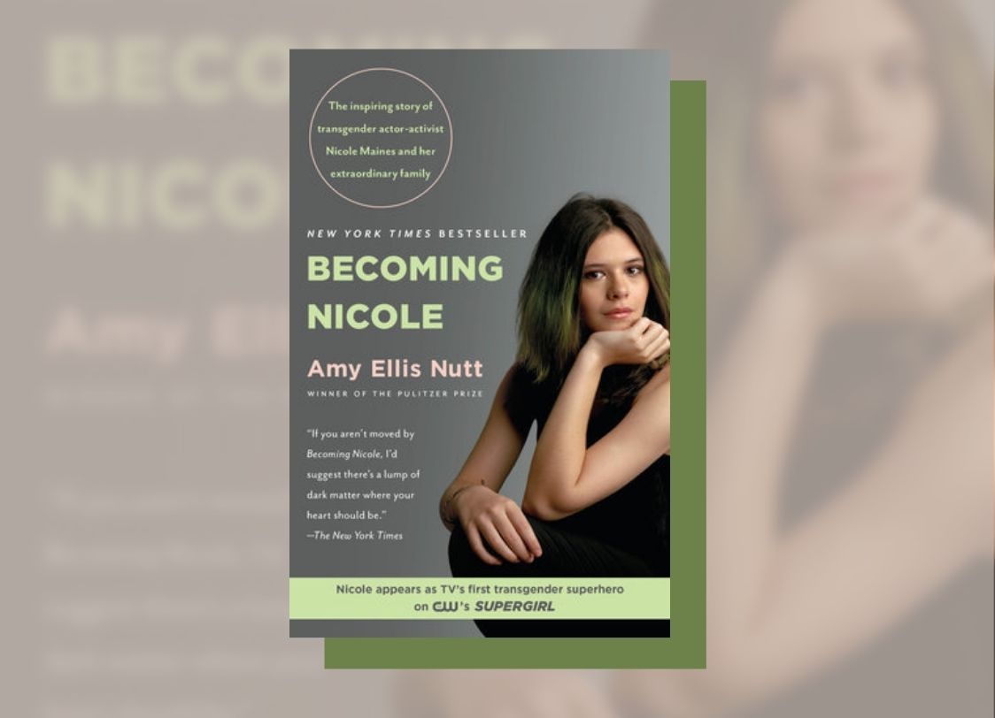 GRAPHIC: Cover of "Becoming Nicole" by Amy Ellis Nutt with blurred background. Photo courtesy of Penguin Random House.