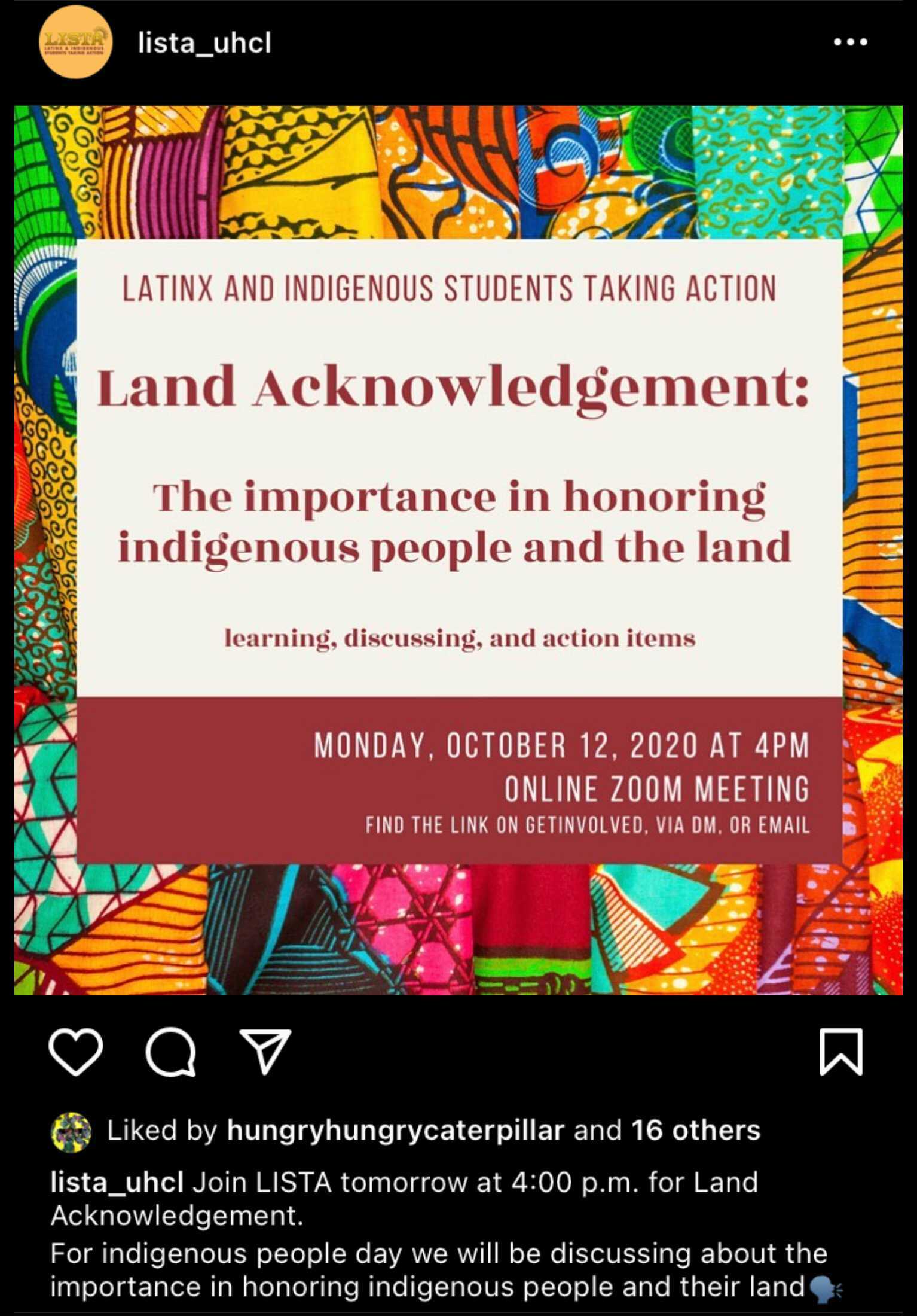 SCREENSHOT: LISTA promoting their land acknowledgment event on Instagram. Screenshot by The Signal Online Editor Alyssa Shotwell. SOURCE: https://www.instagram.com/p/CGOhmyGp7Yi/