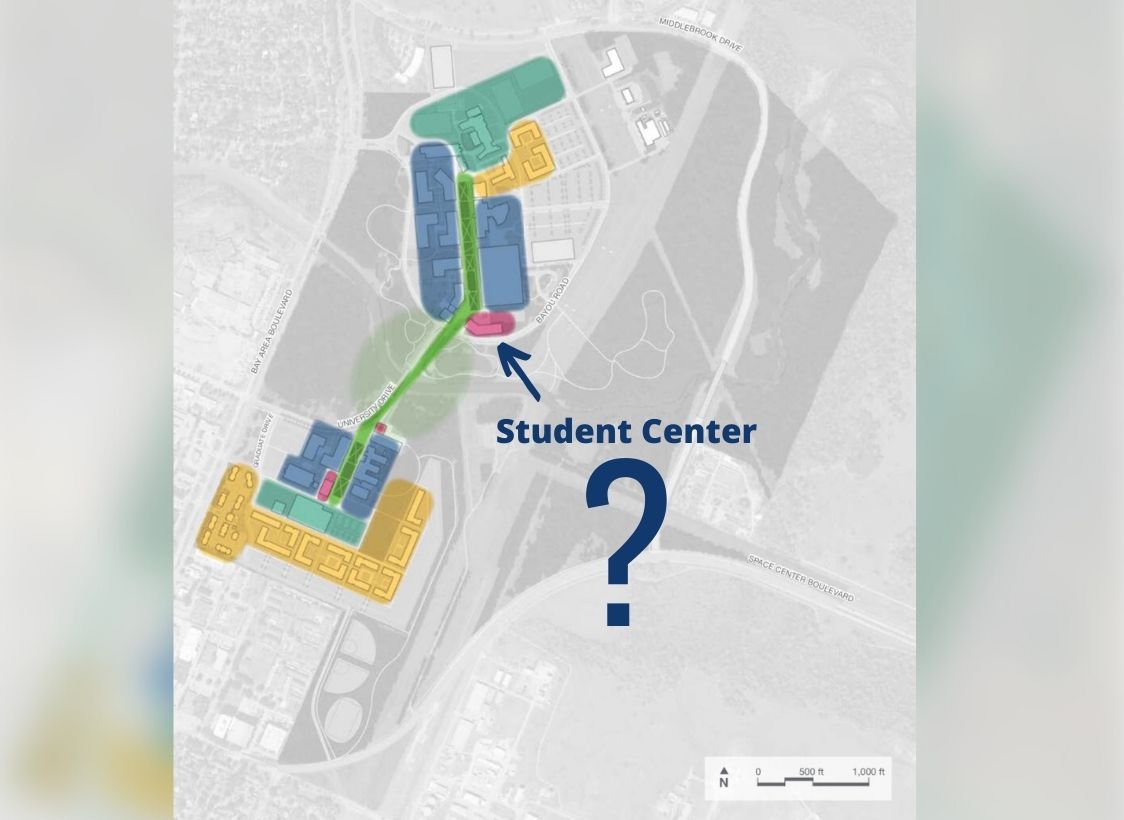PHOTO: Image shows map of UHCL with an arrow pointing to the planned student center. On the other side of the arrow are the words “Student Center” and a large question mark. Graphic by The Signal Managing Editor of Content & Operations Troylon Griffin II.