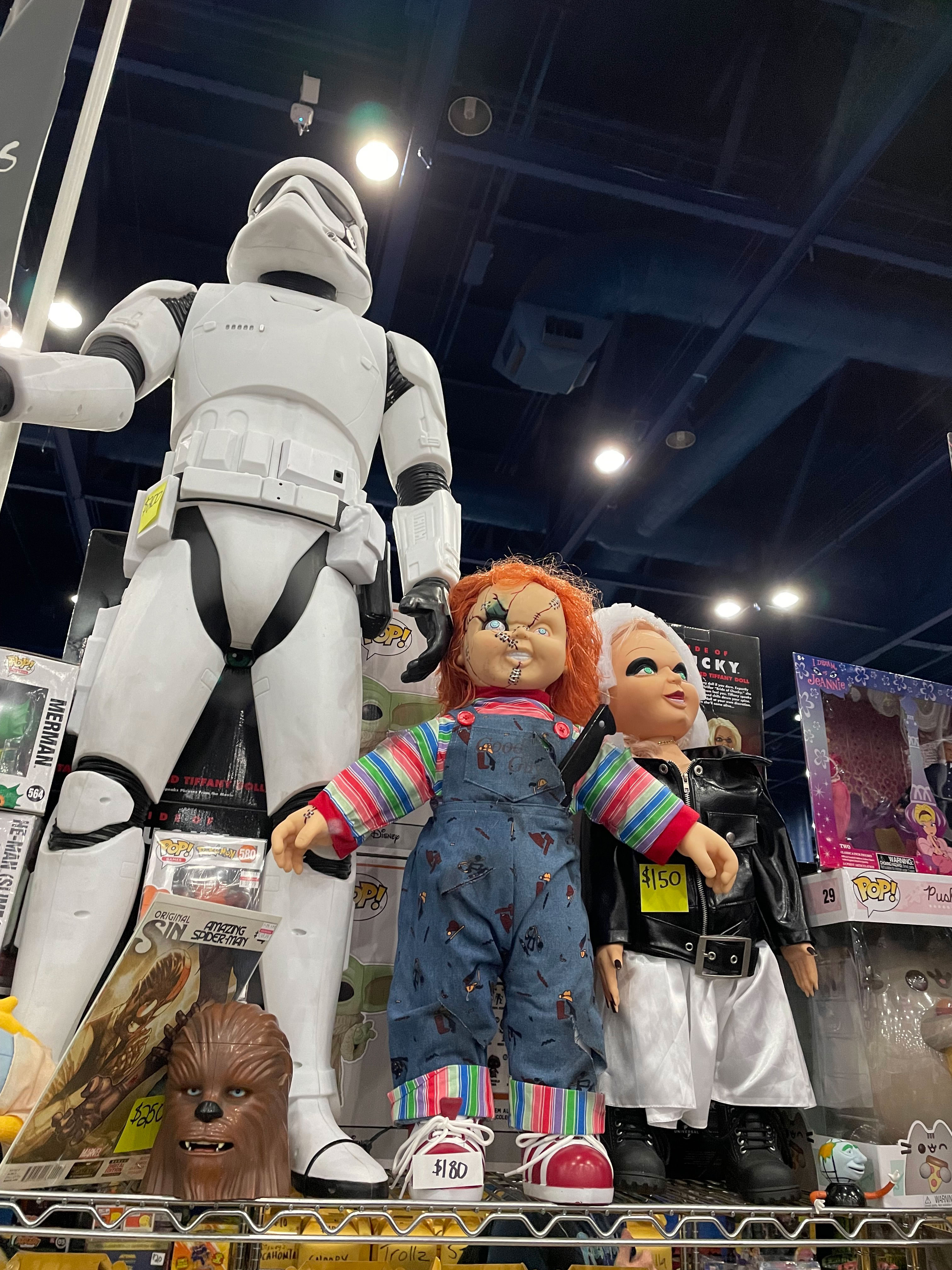 PHOTO: Image shows multiple figurines, including one of horror movie characters Chucky and Tiffany, as well as a storm trooper from Star Wars. The head of Star Wars character Chewbacca can also be seen. Photo by The Signal Managing Editor of Content and Operations Troylon Griffin II.