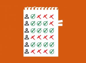 GRAPHIC: Dark orange background with paper in front. On paper there are six icons representing a person and check marks and x's. Graphic by Audience Engagement Editor Stephanie Perez.