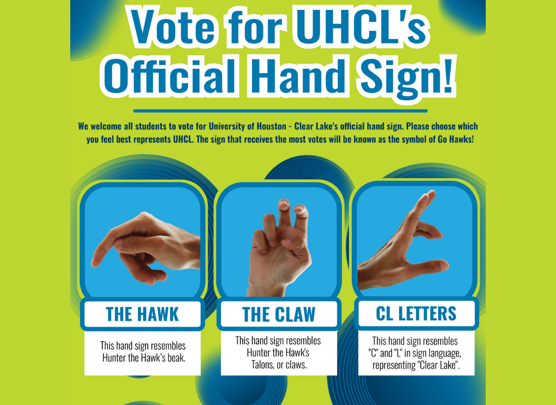 GRAPHIC: Green and blue flyer that says “Vote for UHCL’s Official Hand Sign.” Graphic depicts various hand signs with names for each. Graphic courtesy of Hawk Spirit & Traditions Council.