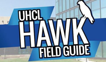 Masthead banner for The Signal's special edition Hawk Field Guide. The image features a side view of the Student Services and Classroom Building behind the words "UHCL Hawk Field Guide." Graphic created by Sam Savell for The Signal.