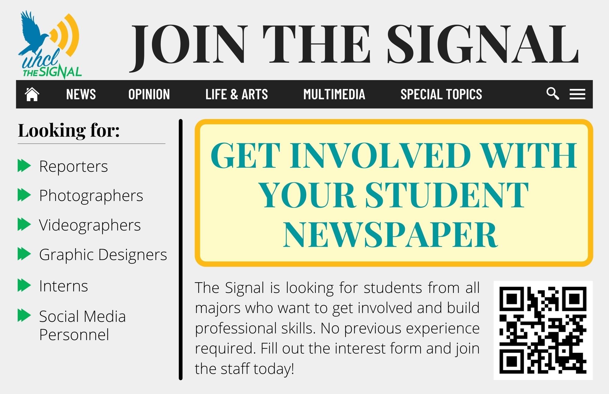 Ad: Join The Signal! Get involved with your student newspaper! The Signal is looking for students from all majors who want to get involved and build professional skills. No previous experience required. Fill out the interest form and join the staff today! Looking for: Reporters – Photographers – Videographers – Graphic Designers – Interns – Social Media Personnel. Fill out the interest form at https://docs.google.com/forms/d/e/1FAIpQLSeo0A8_8LrS4X5IGO6j6LEoXRTOamPHQjoy6MUOZPOkDpMoPw/viewform.
