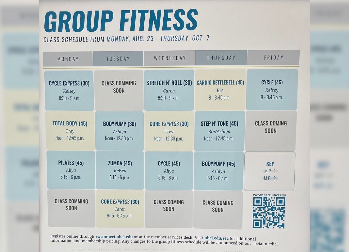 PHOTO: Picture of Campus Recreation and Wellness' group fitness schedule with a blurred picture of the same thing in the background. Picture by The Signal Audience Engagement Editor Stephanie Perez.