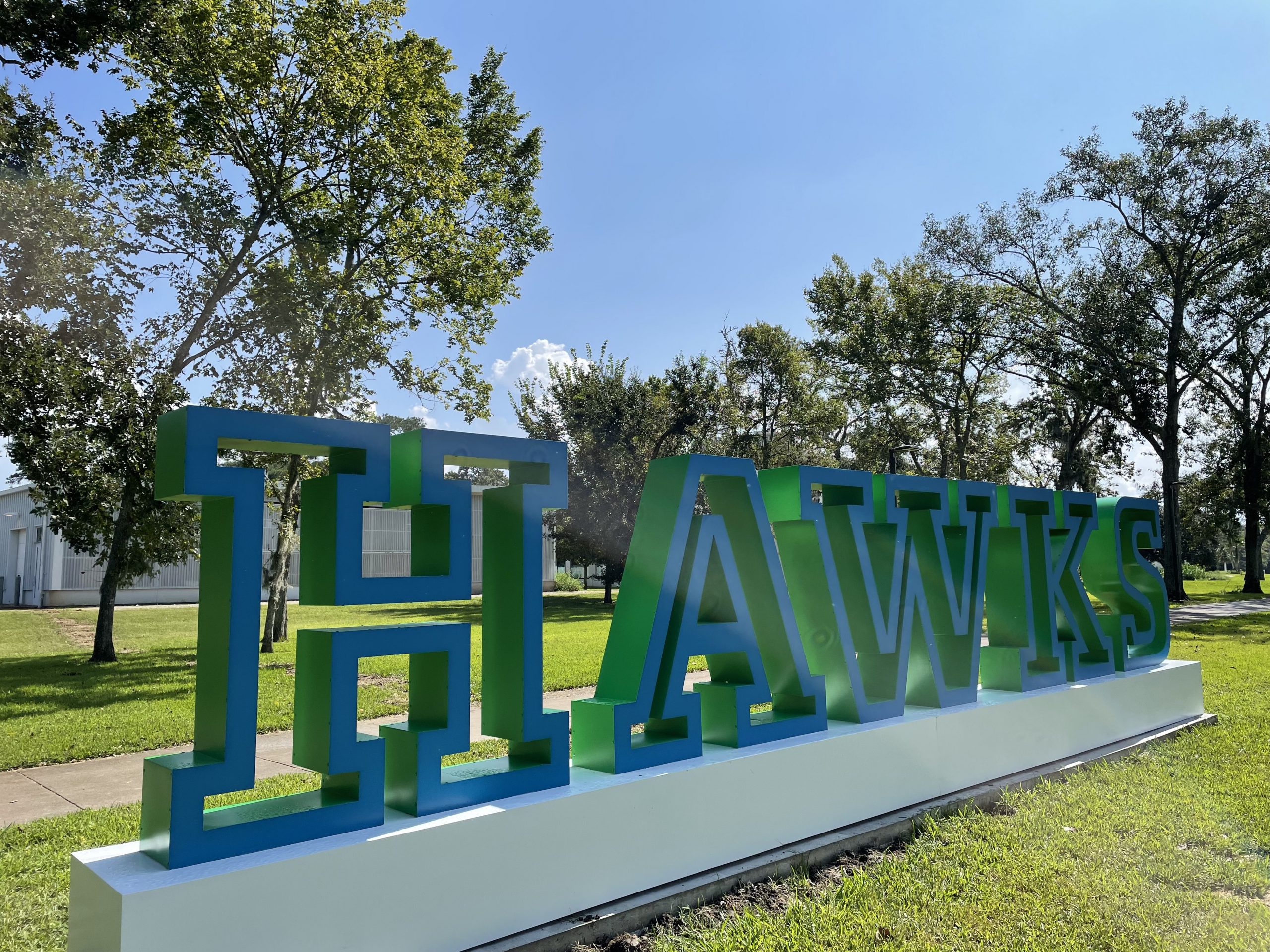 PHOTO: The new 'HAWKS' sculpture on University Drive near the Arbor building. Photo by The Signal Managing Editor of Content and Operations Troylon Griffin II.