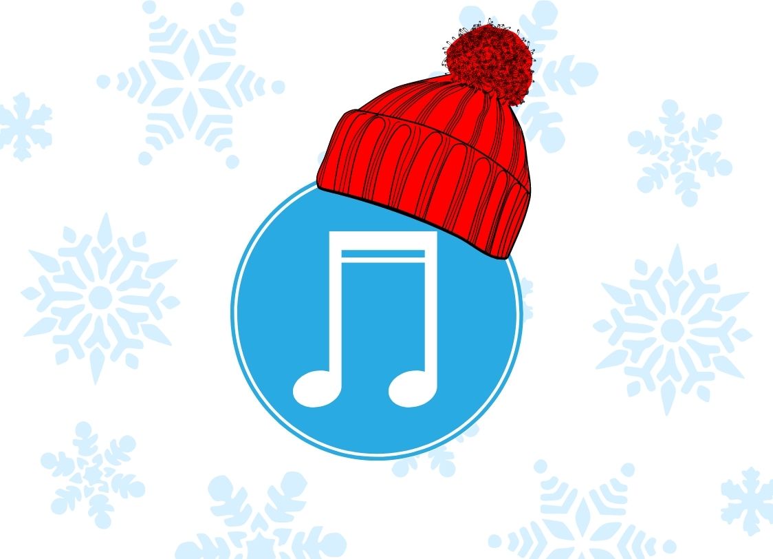 GRAPHIC: Blue music note inside a circle with a red beanie on the top right. In the white background, there are light blue snowflakes. Graphic by The Signal Audience Engagement Editor Stephanie Perez.