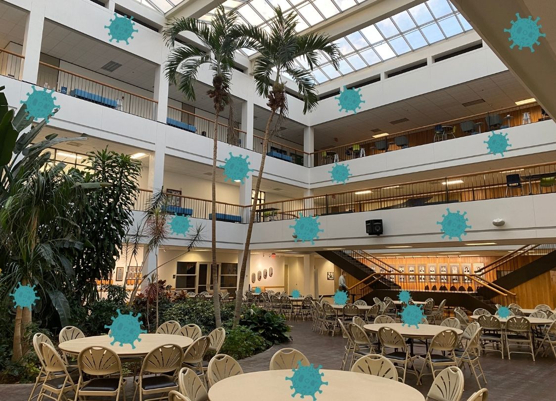GRAPHIC: Looking around the halls on campus, this was all I could picture despite the precautions taken. The graphic depicts various COVID-19 virus models around the Atrium of the Bayou Building. Graphic by The Signal Editor-in-Chief Miles Shellshear.