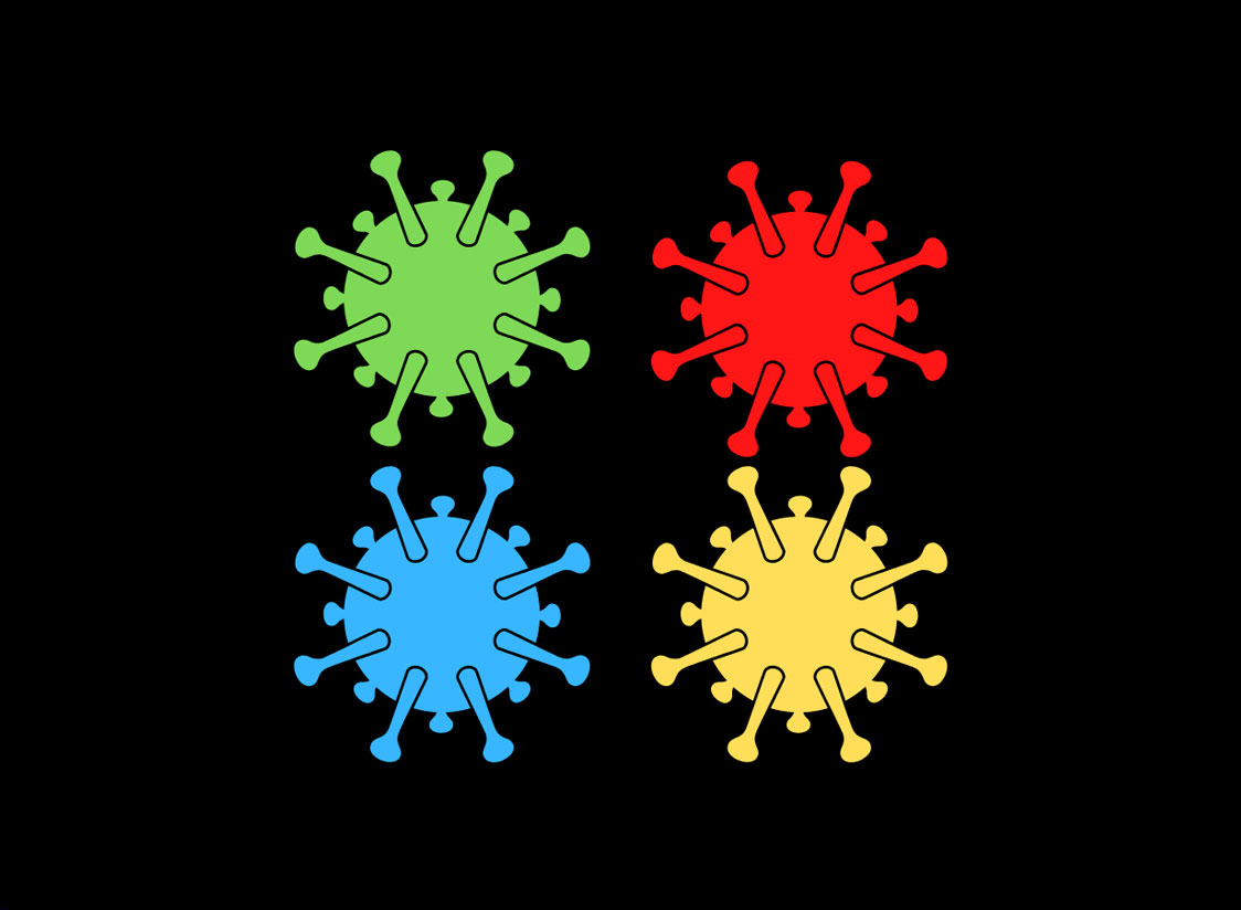 GRAPHIC: Image depicts four graphics of a virus with each being a different color: green, red, blue and yellow. Graphic by The Signal Managing Editor of Content and Operations Troylon Griffin II.