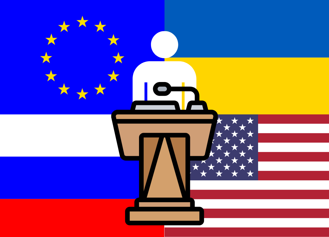 Male figure Infront of podium with flags of Russia, European Union, Ukraine and US flag behind them. Graphic by Signal Reporter Cesar Cardenas