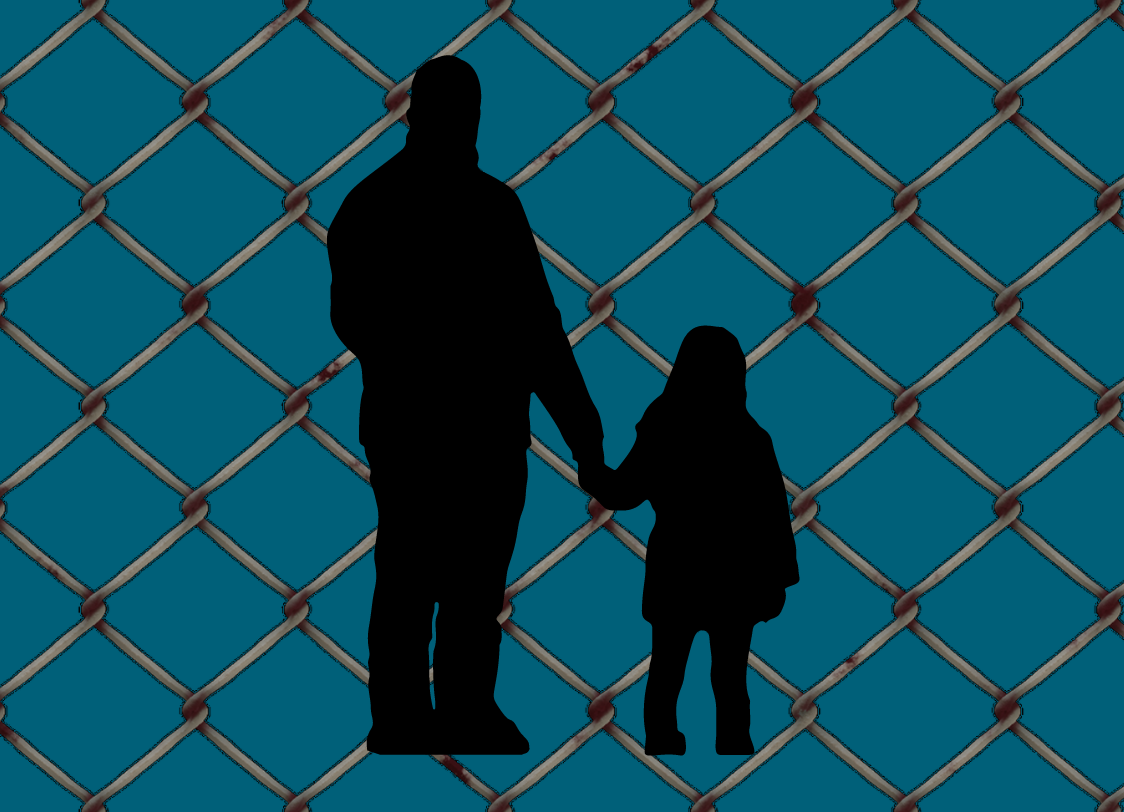Silhouette of father and daughters holding hands standing in front of a chain-link fence. Graphic by The Signal reporter Cesar Cardenas