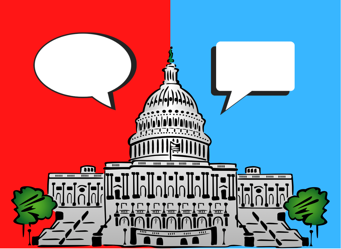 GRAPHIC: Image depicts U.S. Capitol against a red and blue backdrop with white conversation bubbles on each side. Graphic by The Signal Managing Editor of Content & Operations Troylon Griffin II.