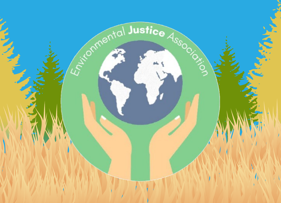 GRAPHIC: Environmental Justice Association logo (A pair of hands holing a globe on a green background) In front of prairie grass and surrounded by green and yellow trees. Graphic by The Signal reporter Cesar Cardenas.