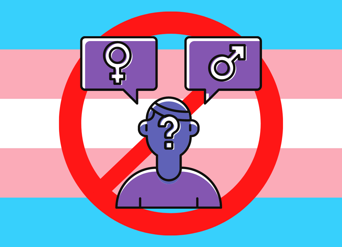GRAPHIC: A silhouette of child confused about their gender in front a transgender pride flag that has a cancelled sign on it. Graphic by The Signal reporter Cesar Cardenas.