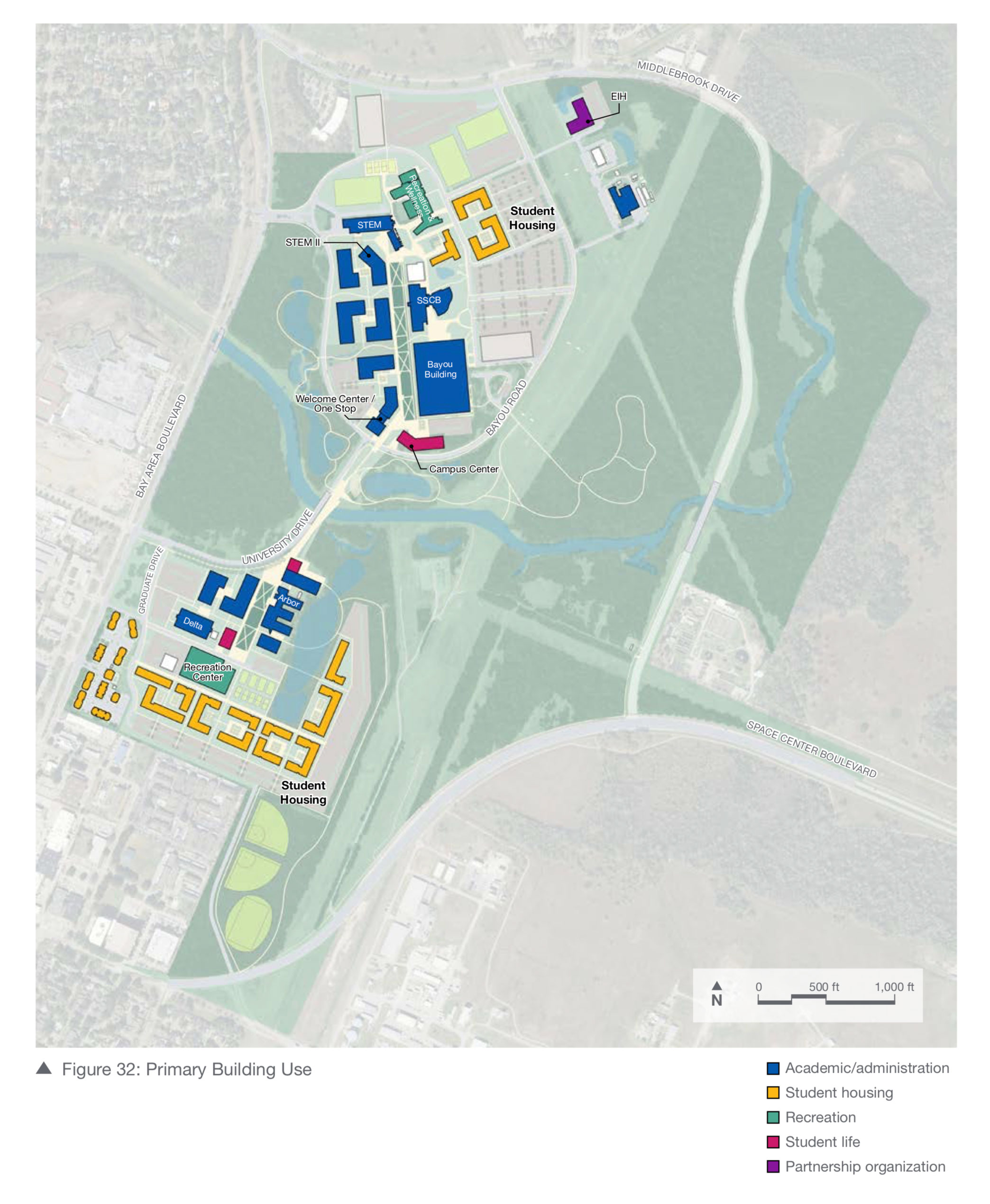 PHOTO: Screenshot depicts map of UHCL, displaying intended buildings as part of UHCL's Master Plan. The Master Plan shows specific plans for UHCL's Student Center. The location is pictured above, with the center being called, "The Campus Center." Image courtesy of Master Plan Committee, Executive Steering Committee and Consultant Team.