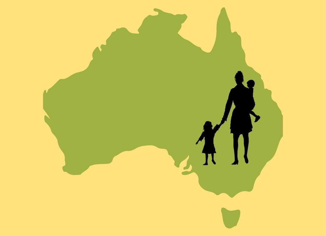 GRAPHIC: Green silhouette of Australia with a black silhouette of a family overlaid on a plain yellow background. Graphic by The Signal Editor-in-Chief Miles Shellshear.