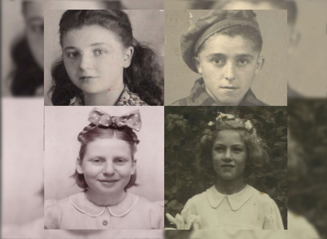 PHOTO: Image depicts four black and white photos of Holocaust survivors in a collage against a blurred background of the same collage. Top row shows Arthur and Rose Gelbart.. Bottom row shows Halina Peabody and Ruth Krell Steinfeld. Photos by the Houston Holocaust Museum.