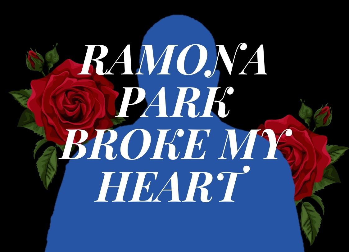 GRAPHIC: A blue silhouette of artist Vince Staples with red roses on each side of him and the words "RAMONA PARK BROKE MY HEART" overlayed on top of him in a stylized font. Graphic by The Signal reporter Cesar Cardenas.