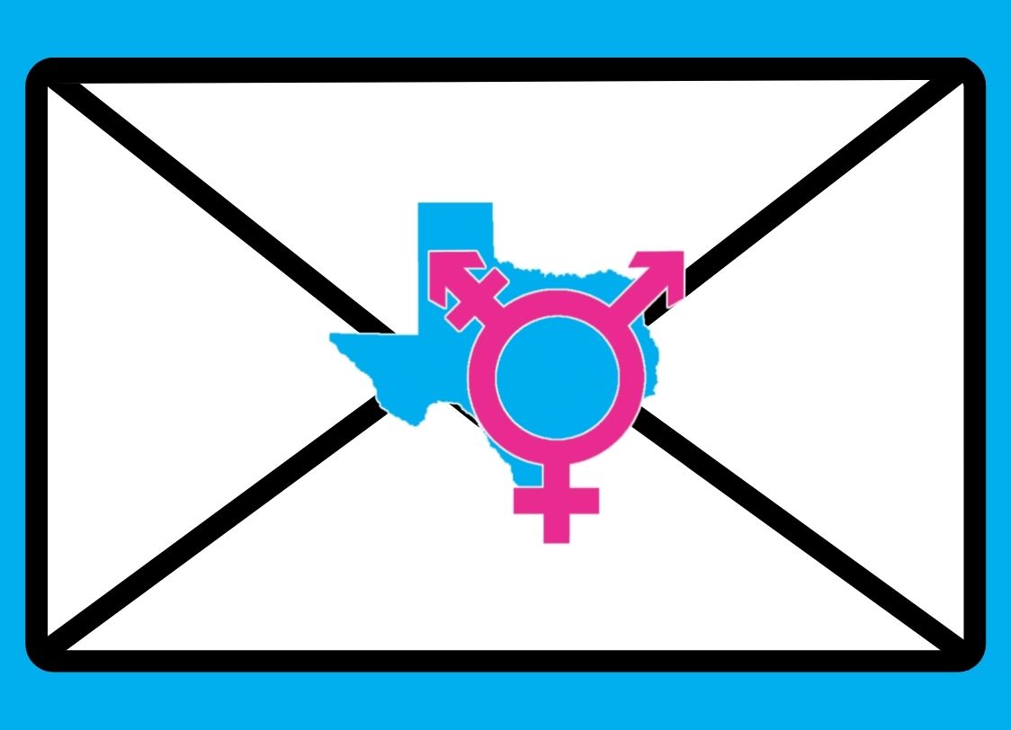 GRAPHIC: Texas Transgender Nondiscrimination Scholars (TXTNS) logo over a graphic of a letter envelope. Graphic by The Signal Editor-in-Chief Miles Shellshear. Logo by TXTNS.