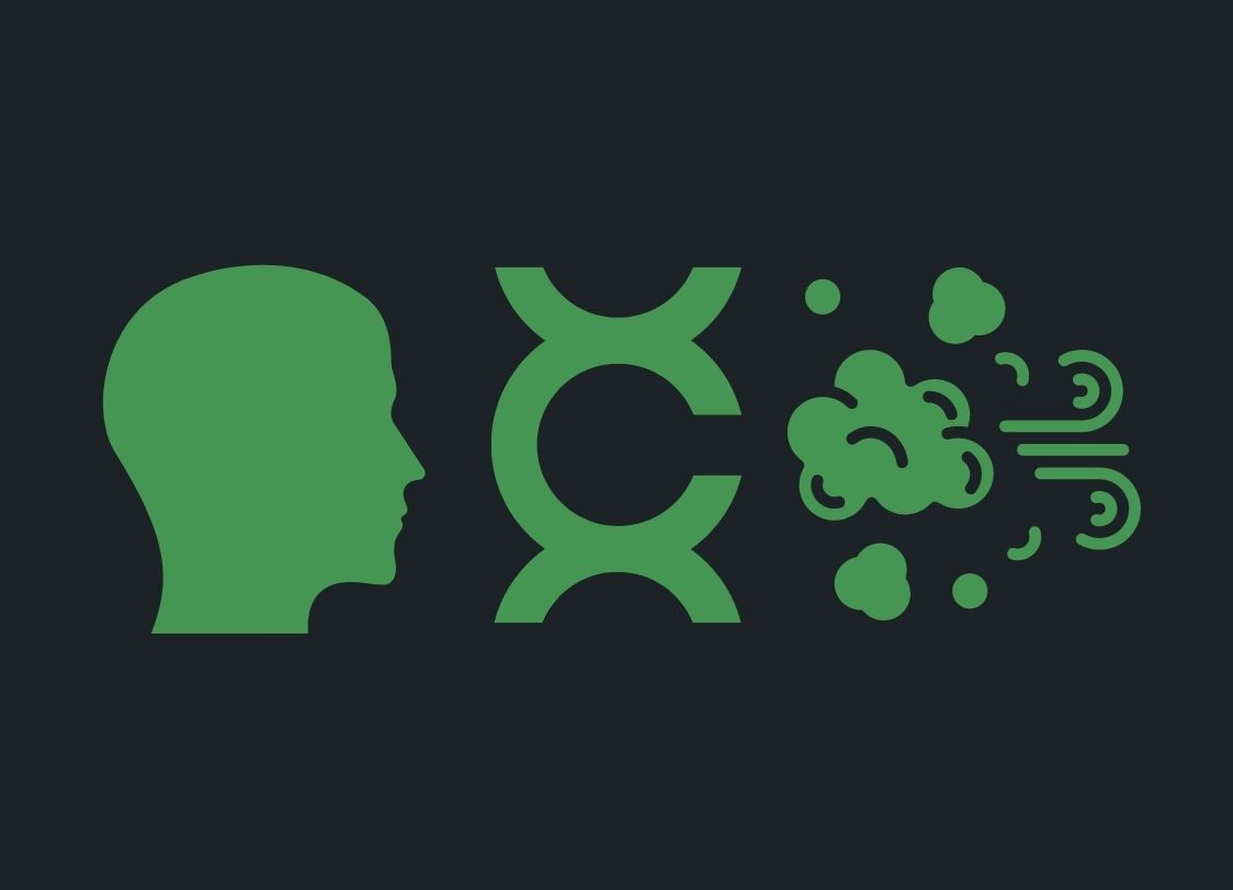 GRAPHIC: A silhouette of the profile of a person's head sits on the left side of the image with a carcinogen warning symbol in the middle and a gust of green air sits on the right side of the image on a dark grey background. Graphic by The Signal Editor-in-Chief Miles Shellshear.