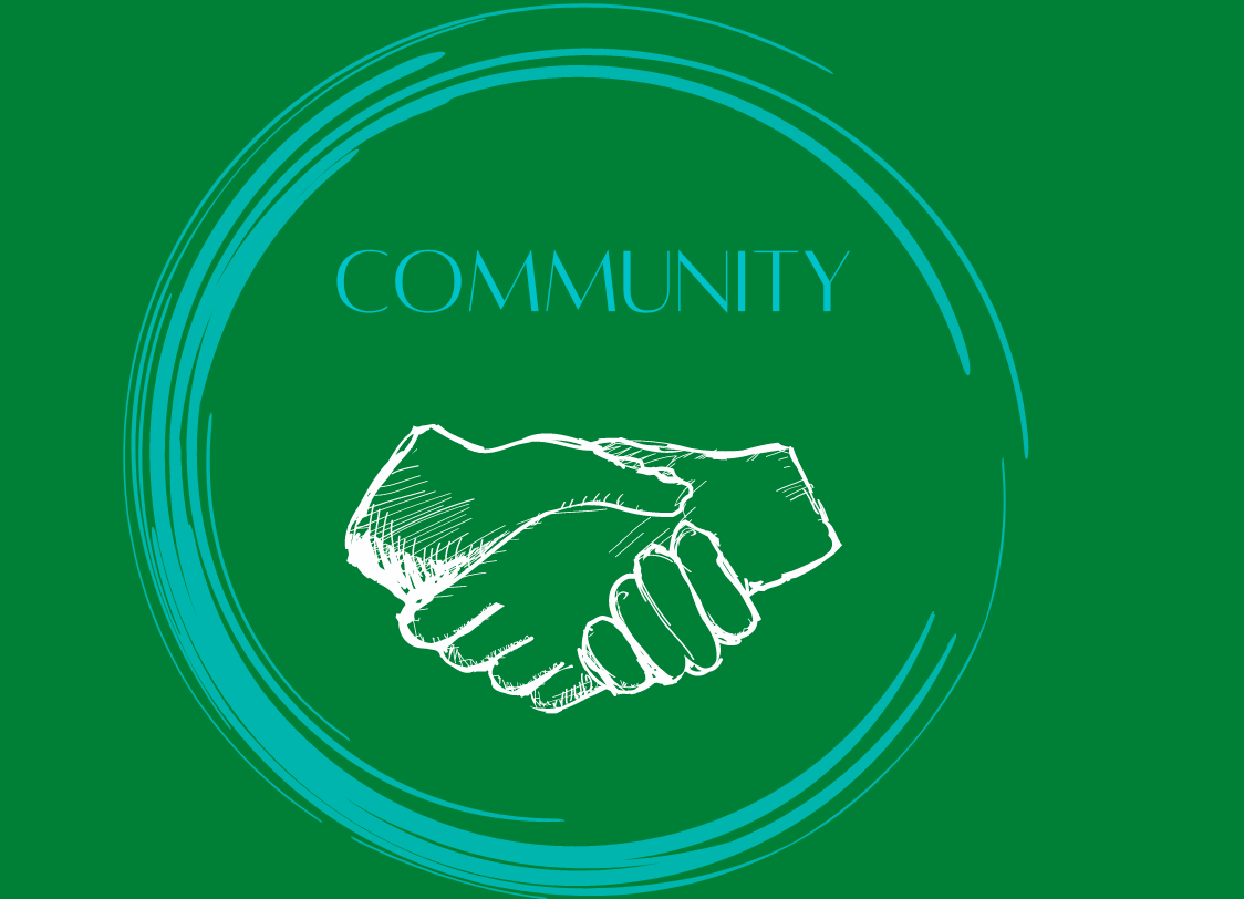 GRAPHIC: an image of a green background with a blue circle around two hands shaking, under the words, "community".