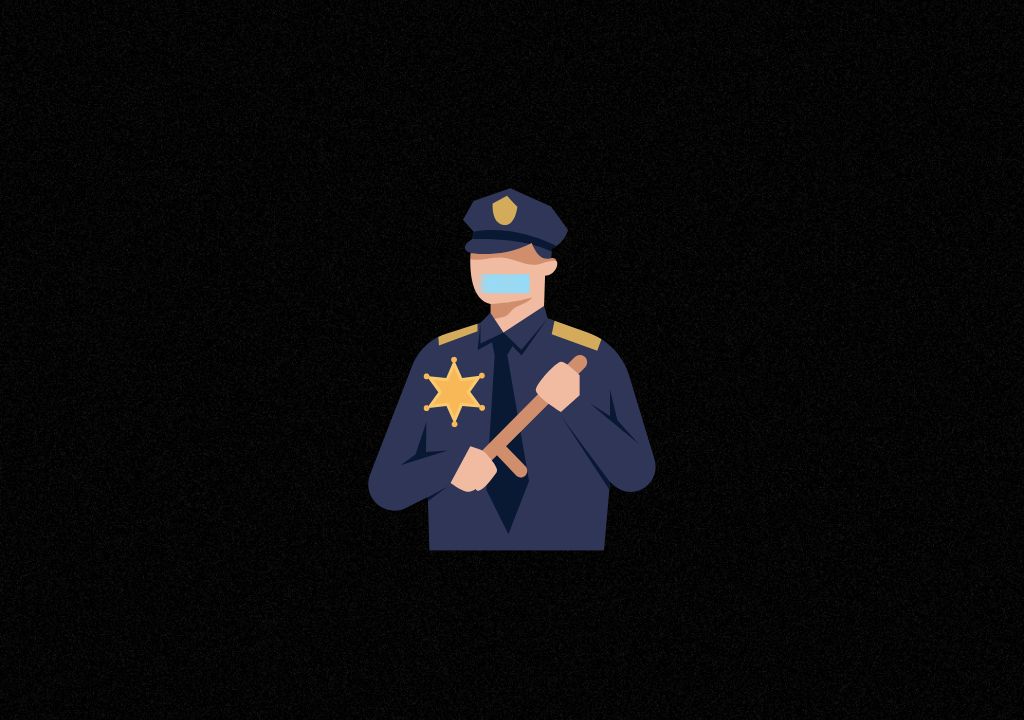 Police officer wears a traditional uniform with a star on his right side. Blue tape is over his mouth to represent silence. All on a black background. Graphic by The Signal reporter Jared Cadore.