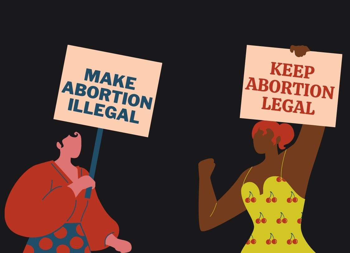 GRAPHIC: Two people hold up signs in protest. One person holds a sign that reads "make abortion illegal" and the other sign reads "keep abortion legal." Graphic created by The Signal reporter Anna Marie Barrientos.