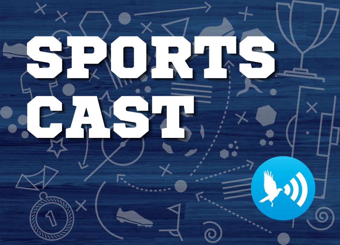 GRAPHIC: Image depicts the words "SPORTS CAST" in all caps with a blue background depicting various sports symbols. Graphic by The Signal Managing Editor Cesar Cardenas.