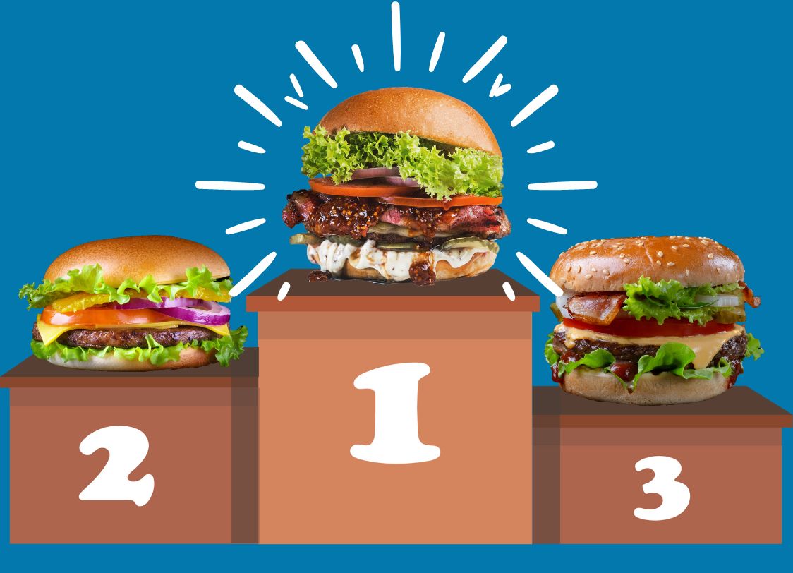 GRAPHIC: Three different burgers on a podium with the 1st place burger having a white shine around it. Graphic by The Signal Managing Editor Cesar Cardenas.