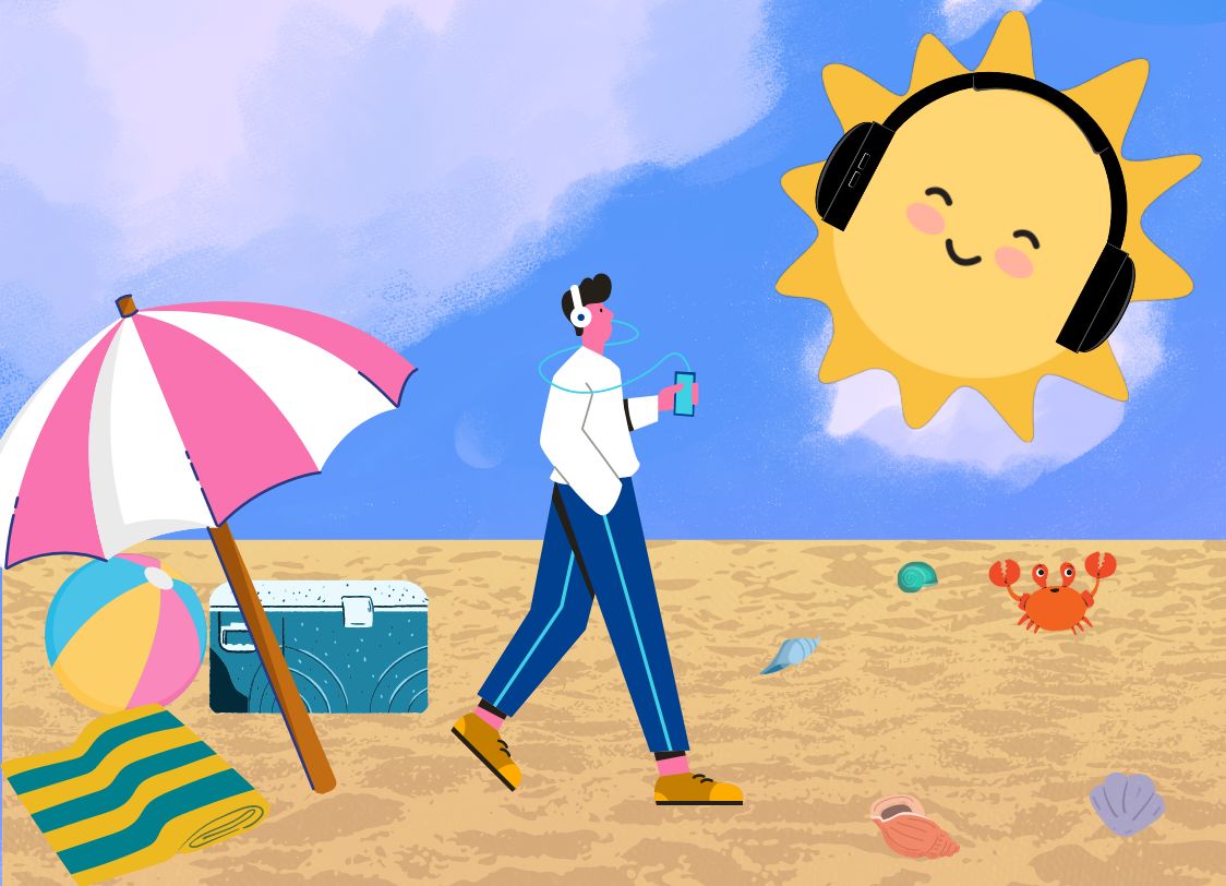 GRAPHIC: A person is walking on the beach with headphones on, it is a bright sunny day with a blue sky. The sun has a smiley face and is also wearing headphones. Graphic by The Signal Editor-in-Chief Miles Shellshear.