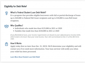 A photo of the qualifications for the Federal Student Loan Debt Relief application.