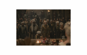 Photo: House Velaryon's members make their appearance for the wedding of Leanor and Rhaenrya.