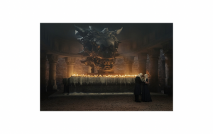 PHOTO: King Viserys and Rhaenrya discuss the future of the Seven Kingdoms in front of the skull of Balerion the Black Dread