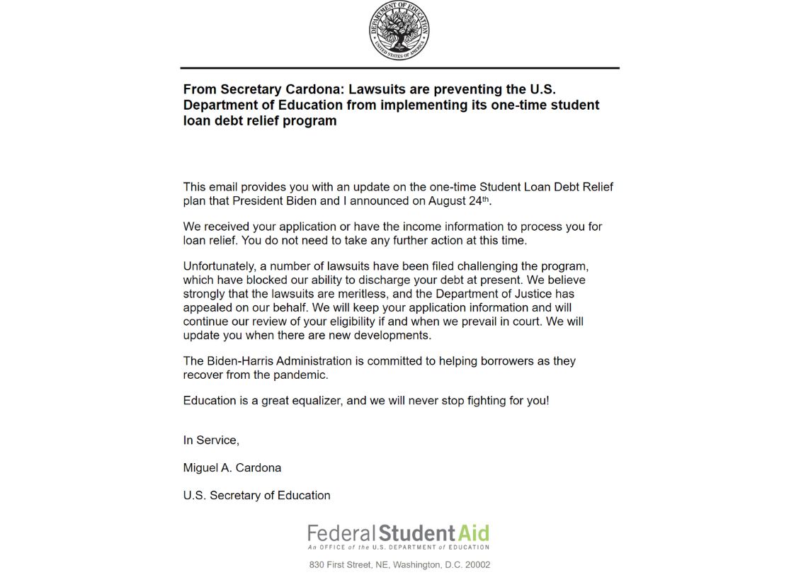 Screenshot: Email from Federal Student Aid explaining block of fund distributions.