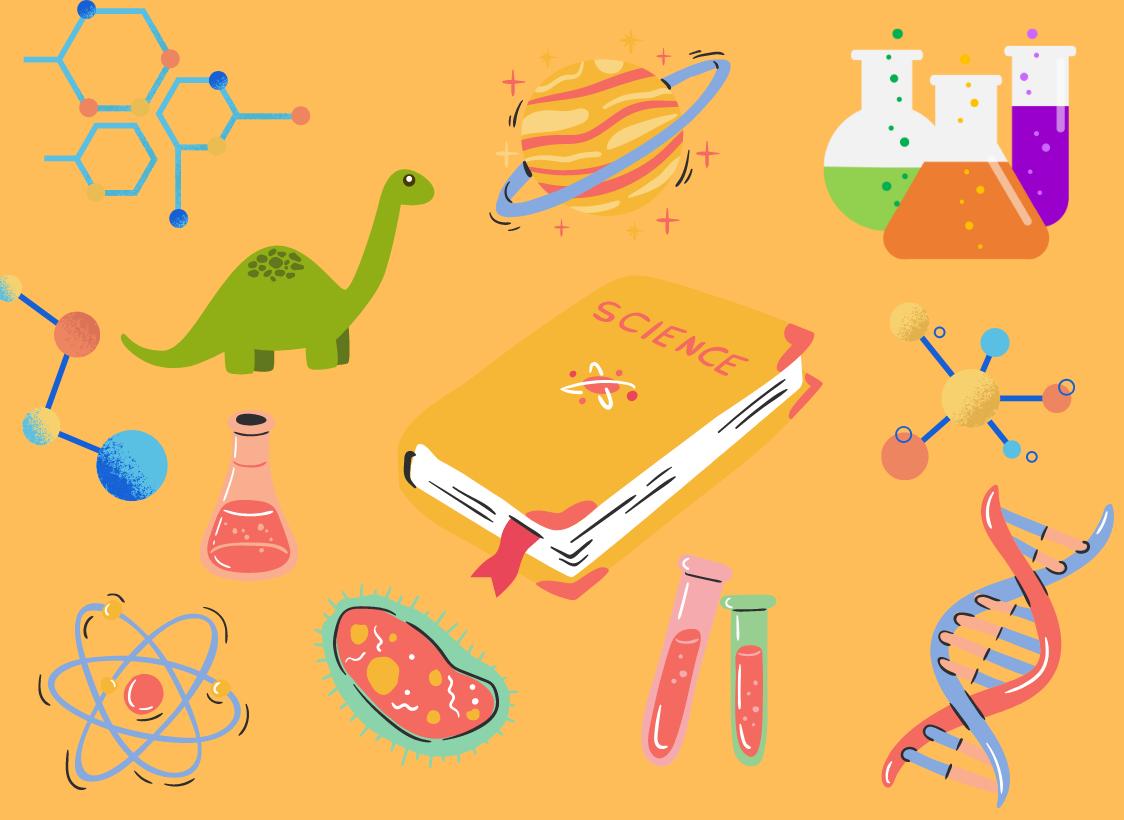 GRAPHIC: Image depicts an array of scientific symbols, including a dinosaur, test tubes, science textbook, DNA strand, etc. Graphic by The Signal Editor-In-Chief Troylon Griffin II.