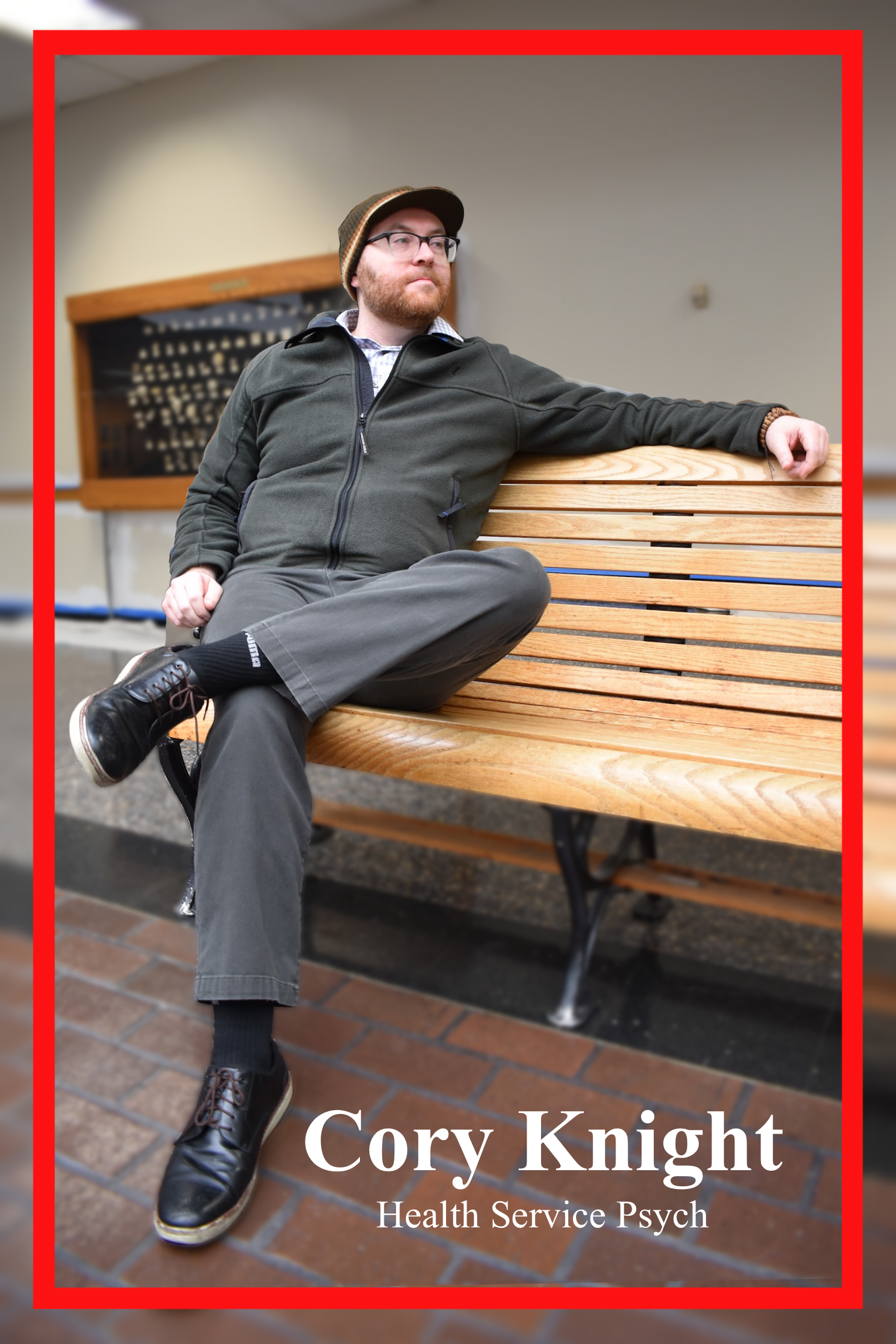 Cory Knight, Health Service Psych Major, lounging on a bench leg crossed. Wearing muted earthy tones with noticeable pieces such as a pageboy beanie and white bottomed dress shoes.