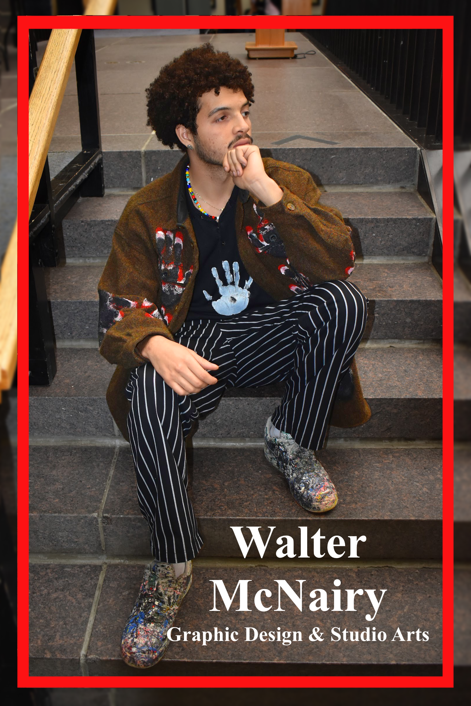 Walter McNairy, Graphic Design & Studio Arts Major, contemplating on a staircase. Donning on a hand painted wool jacket, graphic hand tee, pin-stripe pants and paint splattered shoes complete the street style ensemble.