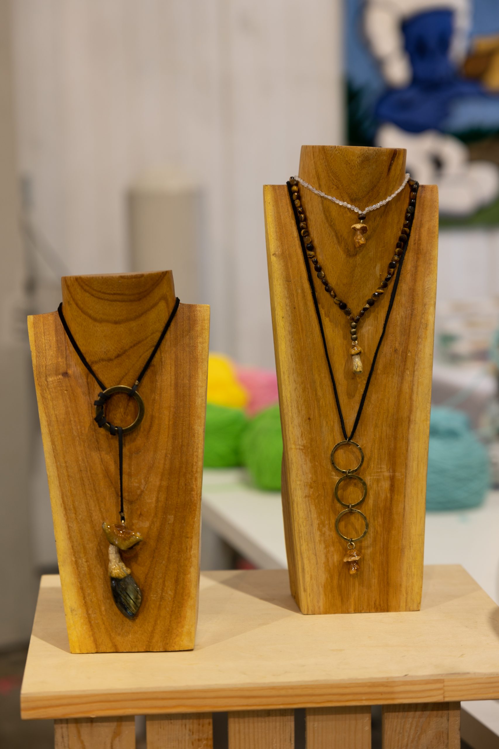 Handmade necklaces on display